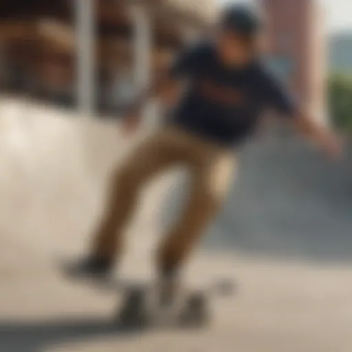 A skateboarder showcasing agility in Dickies pants at a skate park