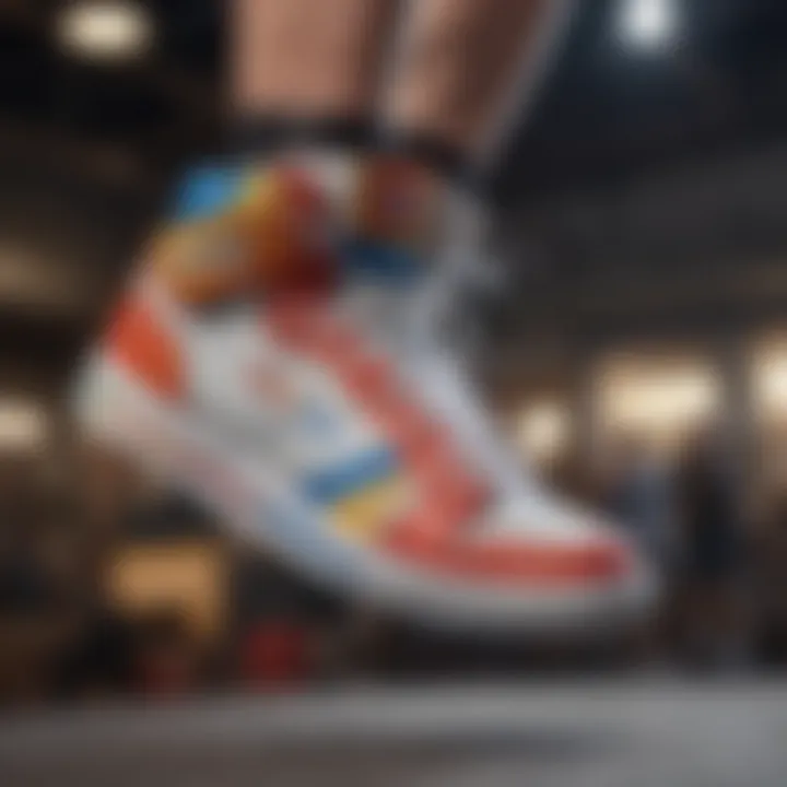 Athlete performing a trick while wearing pride high tops, showcasing their functionality in extreme sports.