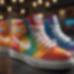 Close-up of pride high tops with vibrant colors and textures, highlighting their unique designs.