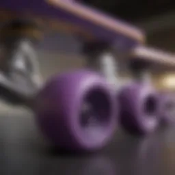Close-up view of purple skateboard trucks showcasing their intricate design and craftsmanship
