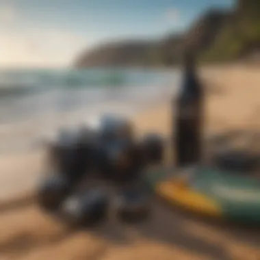 An array of surf photography gear laid out on the sandy beach.