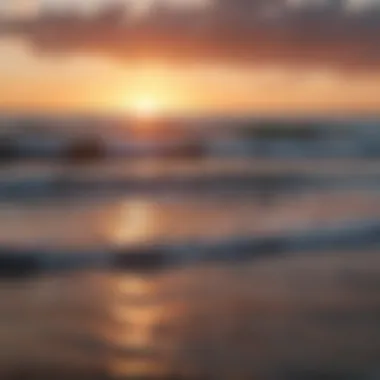 A breathtaking sunset view over the ocean, with surfers silhouetted against the horizon.