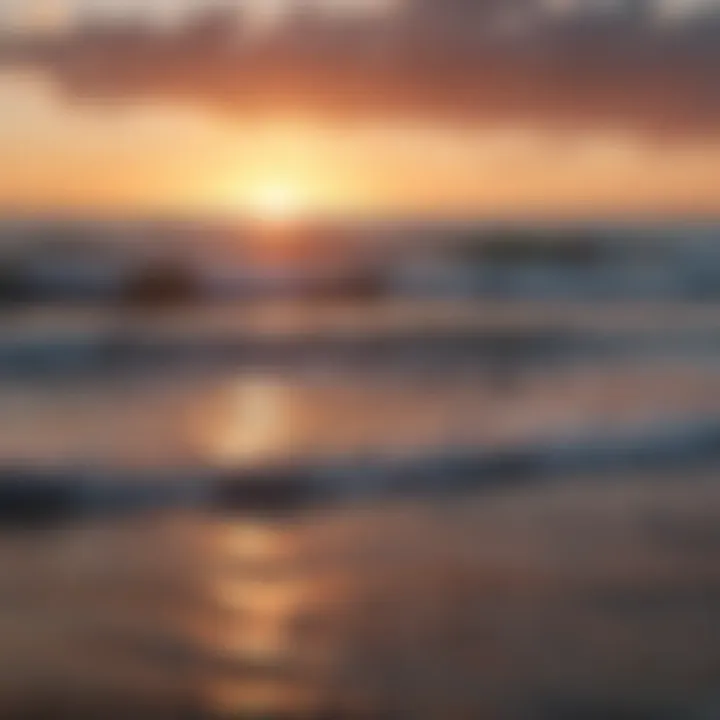 A breathtaking sunset view over the ocean, with surfers silhouetted against the horizon.