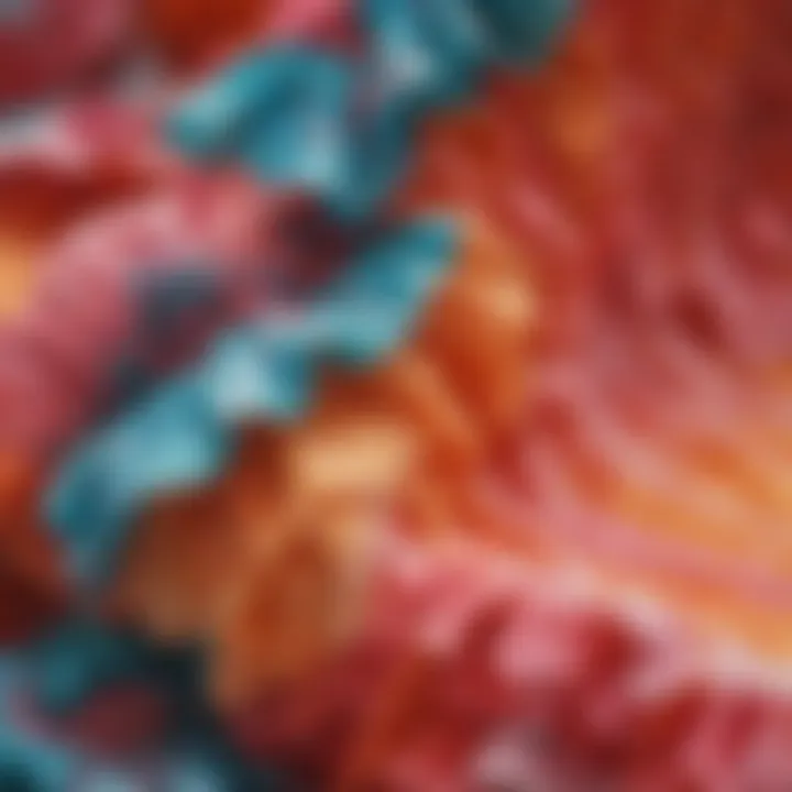 Close-up of fabric showcasing vibrant patterns of ruffle cheeky swim bottoms