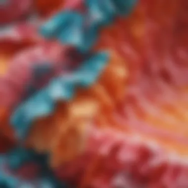 Vibrant Fabric Patterns Close-up of fabric showcasing vibrant patterns of ruffle cheeky swim bottoms
