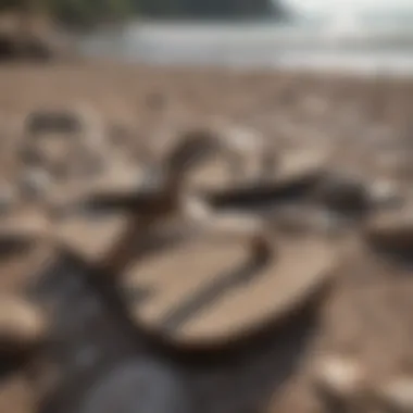 A close-up of Sanuk sandals on a rocky beach, showcasing their unique design.