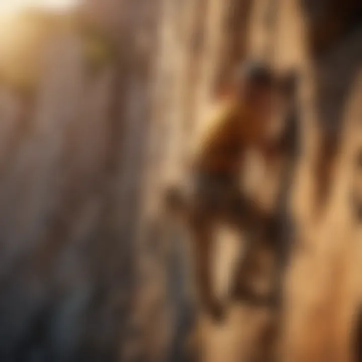 A climber scaling a steep rock face, bathed in golden light, showcasing the thrill of adventure.