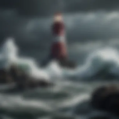 Lighthouse Amidst Stormy Seas A lighthouse standing tall against stormy seas, representing guidance and knowledge.