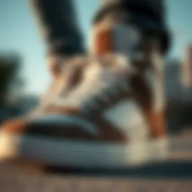 Close-up of mid-top skate shoes showcasing unique design elements and cushioning