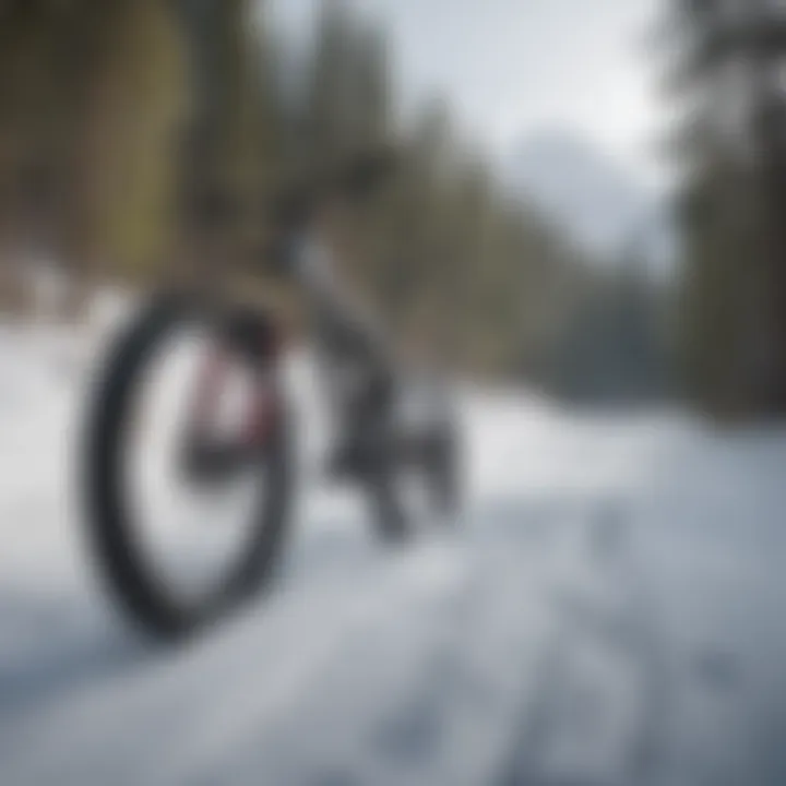 Snowshoe mountain biking on a snowy trail with stunning mountain backdrop