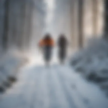 Group of cyclists navigating a snowy path through a winter forest