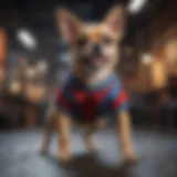 A dog wearing a Spiderman-themed shirt, showcasing its vibrant design and excitement.