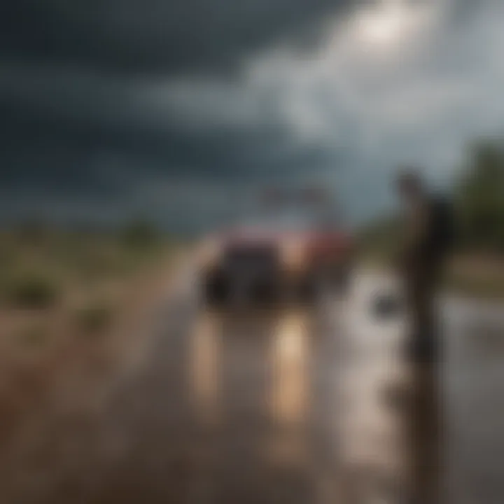 A group of storm chasers analyzing weather data