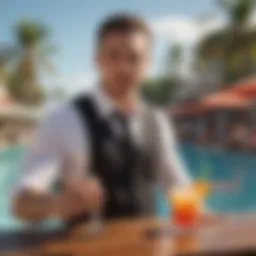 Bartender showcasing a colorful cocktail at a vibrant beach venue