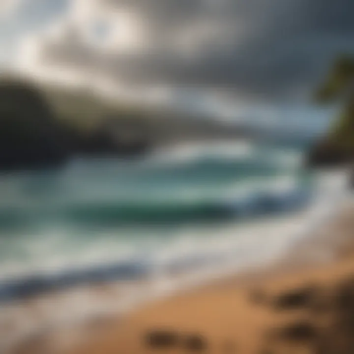 A picturesque view of the coastline with surfers in the background