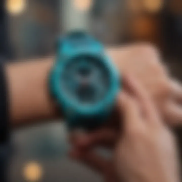 Teal G-Shock on the wrist during extreme sports