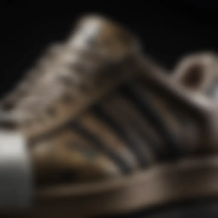 Close-up view of Adidas Superstar camouflage shoe highlighting its unique texture and design.