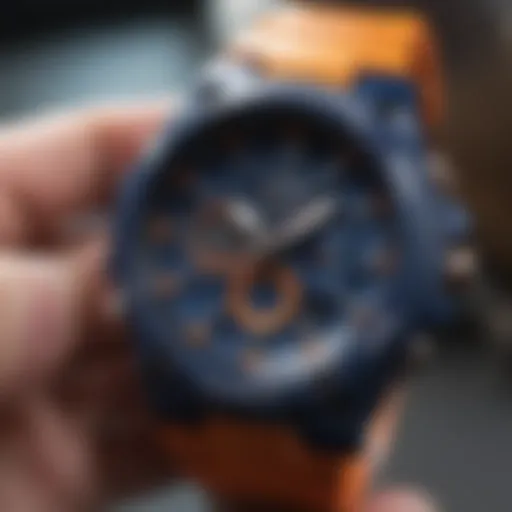 A close-up view of G Shock watch showcasing blue and orange color scheme