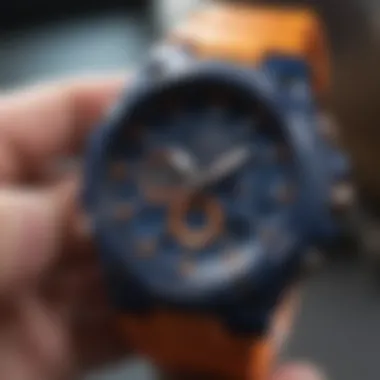 Close-Up of G Shock Blue and Orange Color Scheme A close-up view of G Shock watch showcasing blue and orange color scheme
