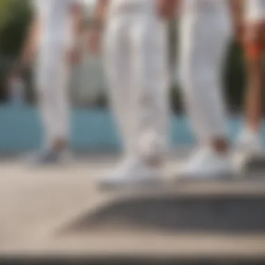 A group of extreme sports enthusiasts wearing white slip-on Vans at a skate park