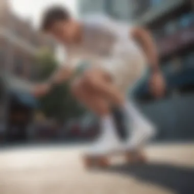 Skateboarder performing a trick while wearing white slip-on Vans