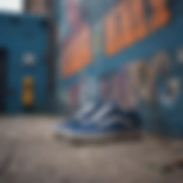 Stylish dark blue Vans displayed against a graffiti background.