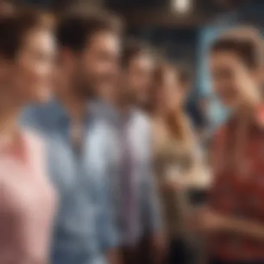 A group of friends enjoying a social event while wearing humorous dress shirts.