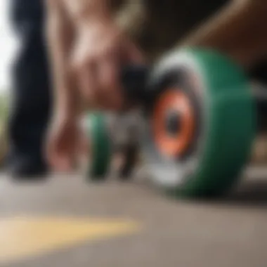 Close-up of Arbor longboard wheels and trucks highlighting performance features