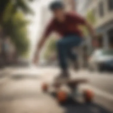 An Arbor longboard cruiser being ridden on an urban street, illustrating its practicality