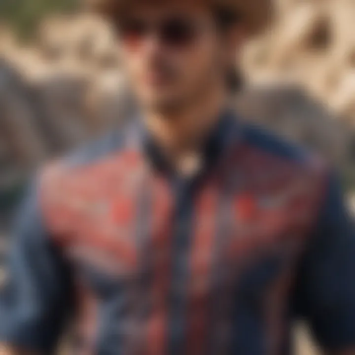 A stylish bandana button-up shirt showcased in an outdoor extreme sports setting.