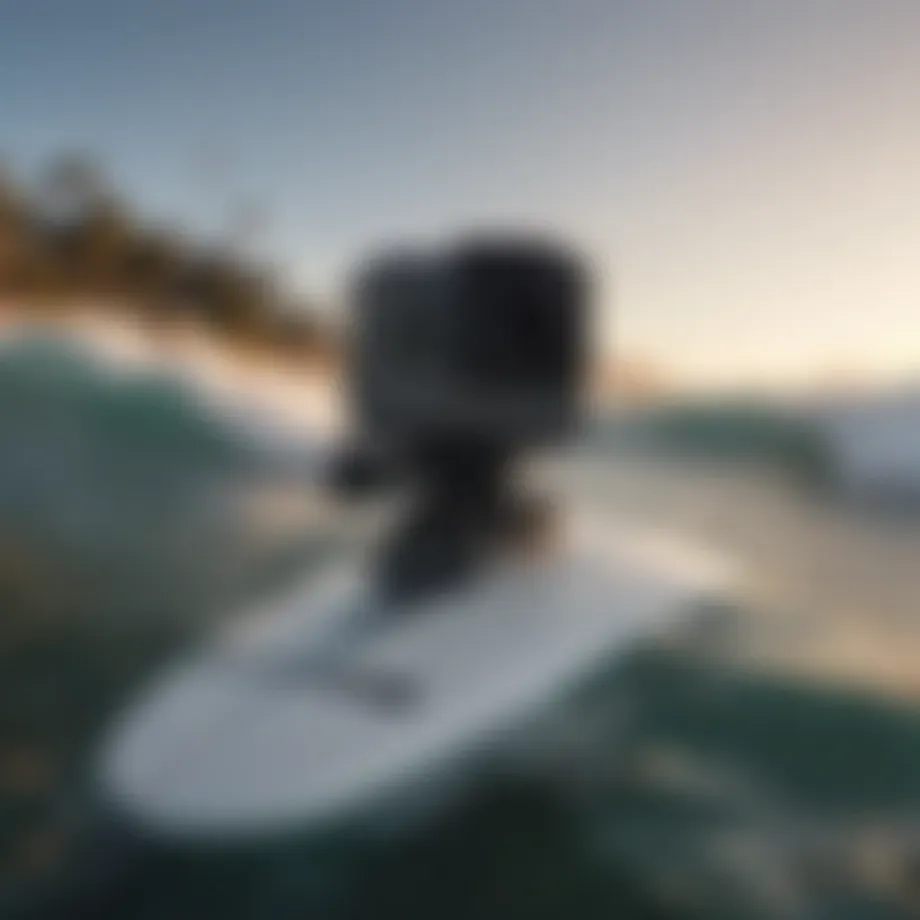A GoPro camera mounted on a surfboard, capturing the ocean waves.