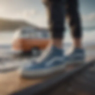 Stylish Vans shoes on a surfboard