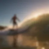 A vibrant beach scene showcasing surfers riding waves at sunset