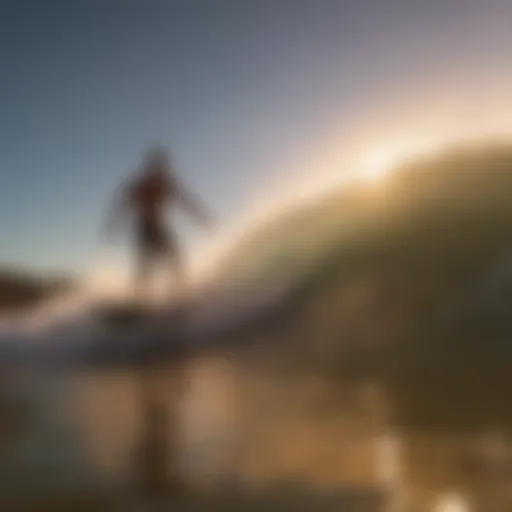 A vibrant beach scene showcasing surfers riding waves at sunset