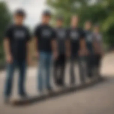 Group of skateboarders showcasing their Death Wish boards in a skate park