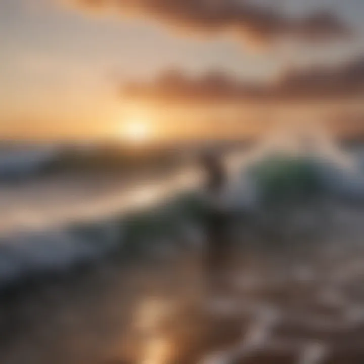 A serene beach scene with surfers enjoying the waves on Wave Storm surf boards during sunset