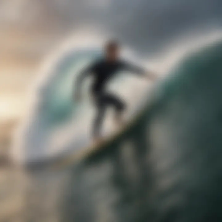 An expert surfer performing a maneuver on a Wave Storm surf board amidst powerful waves