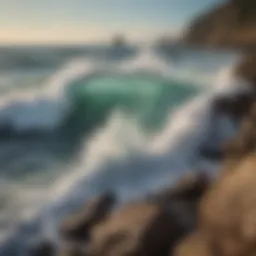 A close-up view of ocean waves crashing on a rocky shore, showcasing the energy and beauty of wave dynamics.