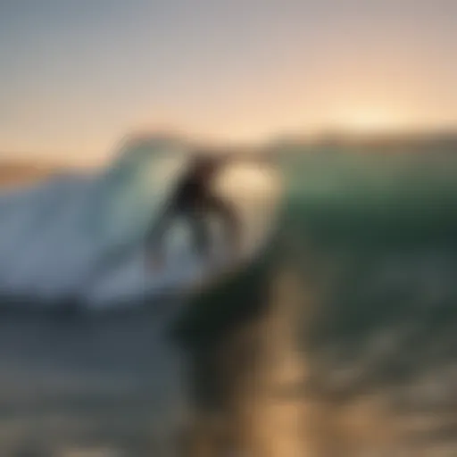 Peter Mel capturing a wave at sunset, showcasing his surfing prowess.