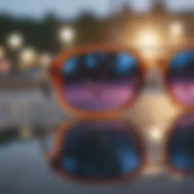 Close-up of Ray-Ban Lennon sunglasses reflecting the vibrant colors of a skate park