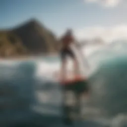 A paddle boarder catching a wave