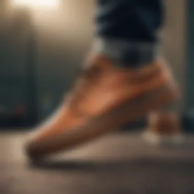 Skateboarder performing a trick while wearing leather Nike Janoski shoes