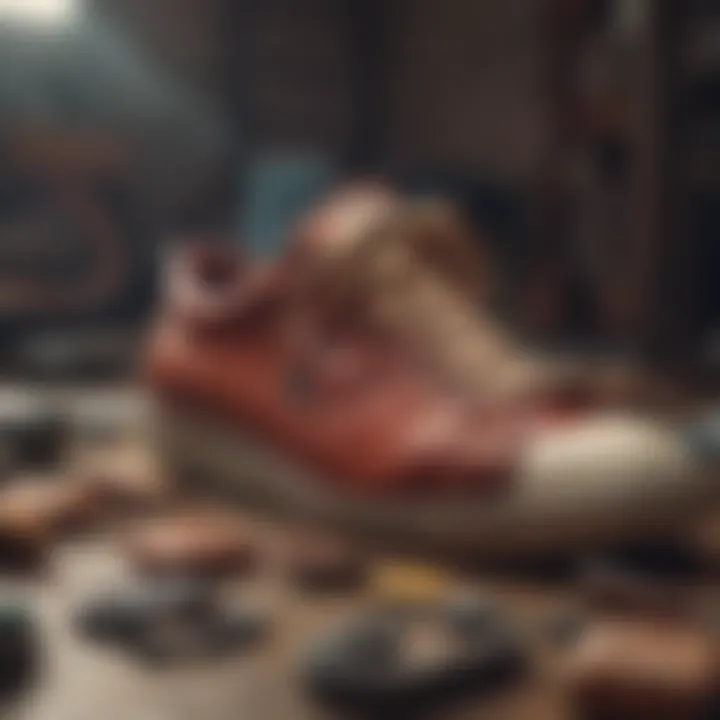 A cultural montage featuring iconic retro shoes in historical contexts