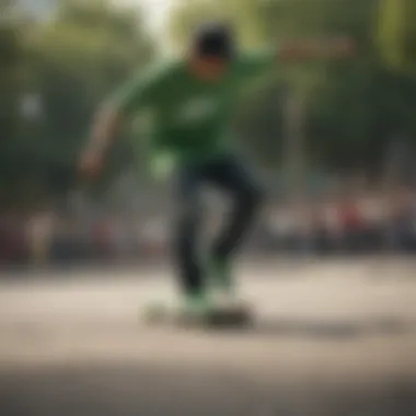 A skateboarder performing a trick while wearing the Nike SB Green sneakers, showcasing their performance.