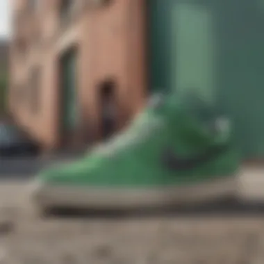 A collection of Nike SB Green sneakers displayed in a vibrant urban setting, reflecting their cultural significance.