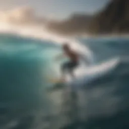 A vibrant digital landscape depicting a surfer riding a massive wave in a virtual environment.