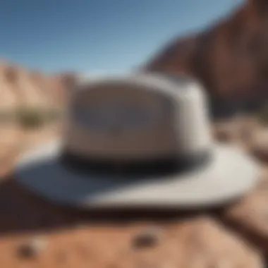 Quicksilver Bushmaster Hat placed on a rocky surface with outdoor gear in the background