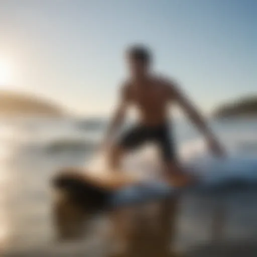 A boogie boarder catching a wave near the shore