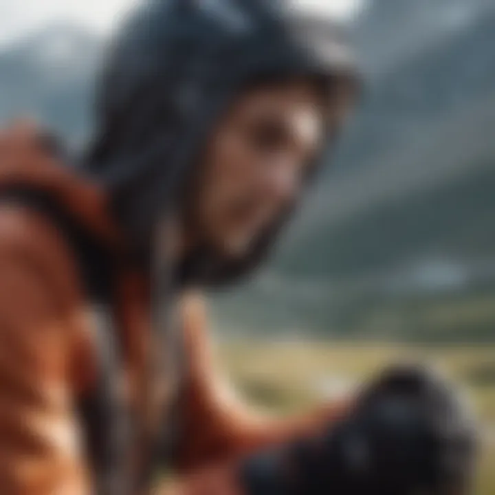 An athlete adjusting their hoodie strings while preparing for a mountain biking adventure, highlighting functionality.