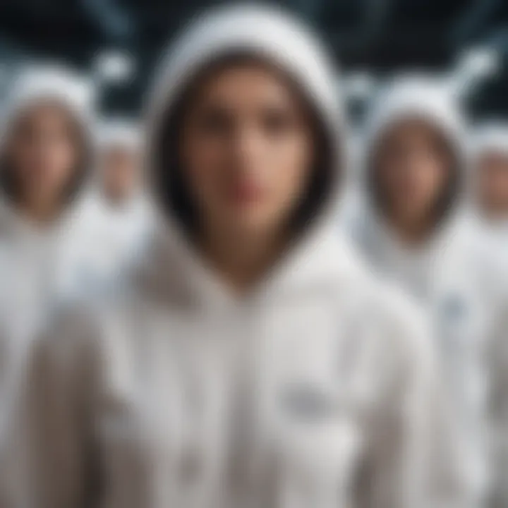 Group of extreme sports enthusiasts wearing hoodies with white strings, embodying a vibrant community spirit.